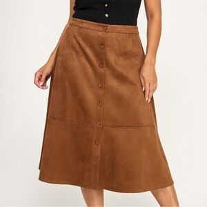 Button-front Faux Suede Aline Midi Skirt